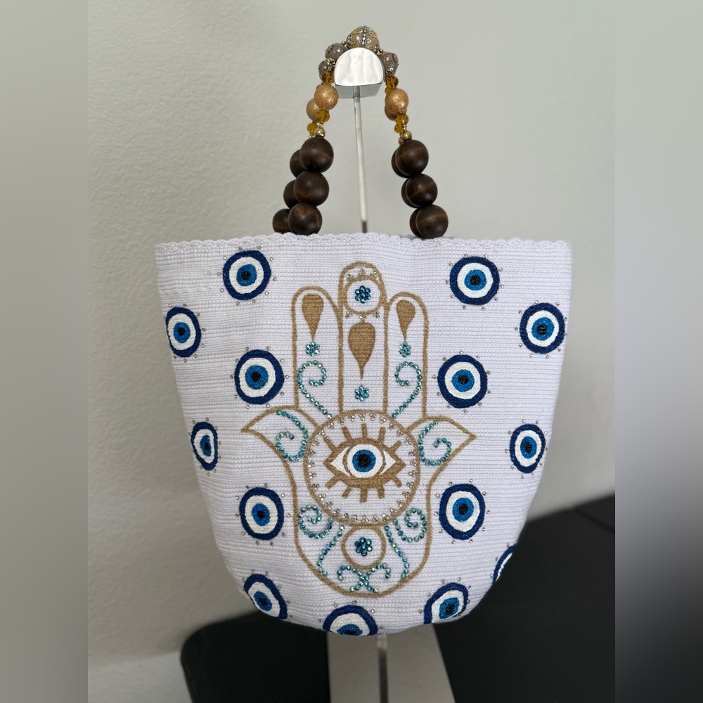 White and Blue Beaded Tote Bag